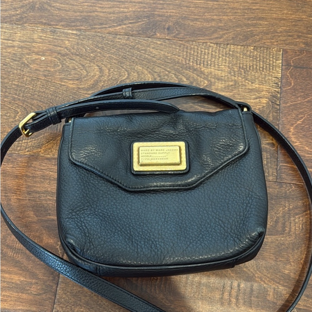 Marc Jacobs Black Pebbled Crossbody Bag with Gold Accents